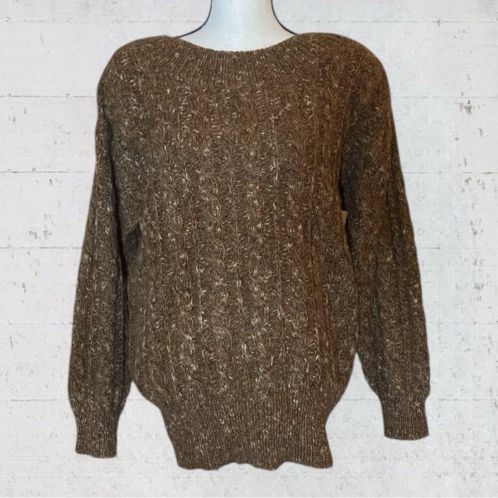 VTG 80s Liz Claiborne Cable Knit Shoulder Pad Brown Fisherman Size S Oversized